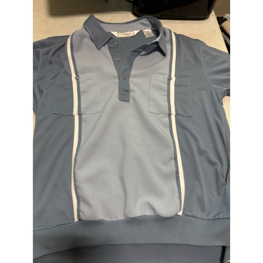 Vintage 80's Palmland Men's 2 TONE Blue White BOWLING Polo SURFER Golf Shirt Lg